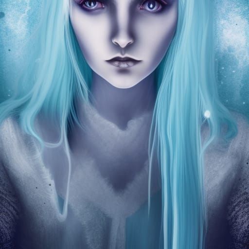 Ghost young lady with white hair& crystal blue eyes& iridescent appearance& ethereal vibes& iridescent ghostly glow vibe...