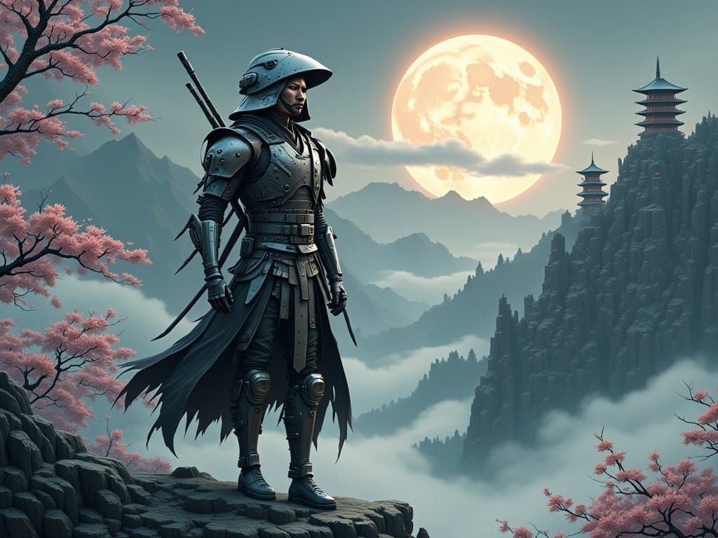 Cyberpunk Android Ninja Ascends Moonlit Japanese Mountain