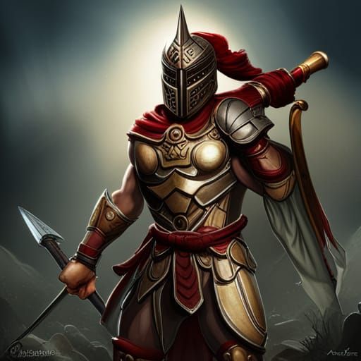 Dynamic Greek Spartan Warrior in Dark Fantasy Style