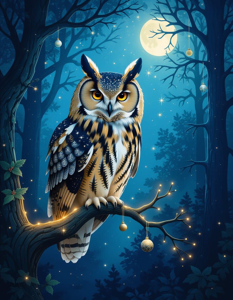 Majestic Starry Owl on Glowing Branch in Enchanted Forest
