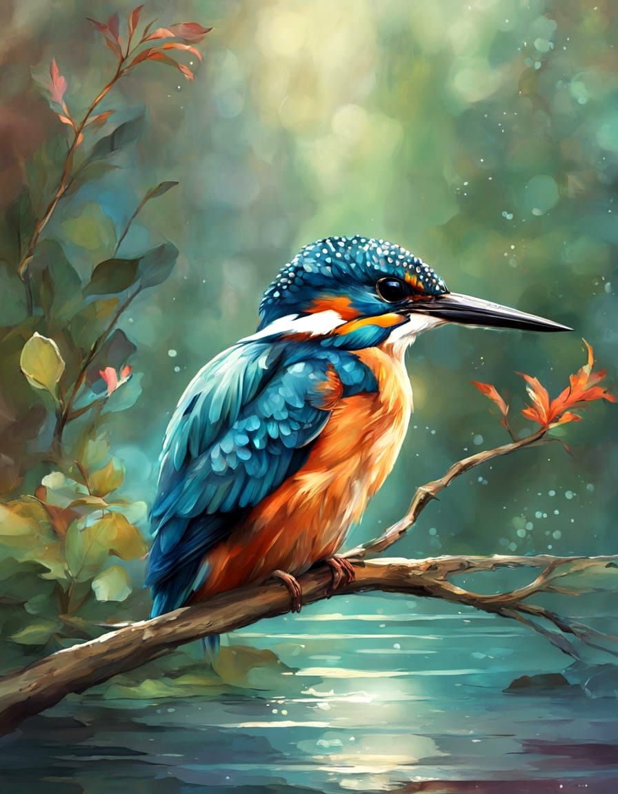 Majestic Kingfisher Perched on Branch in Vibrant Watercolor ...