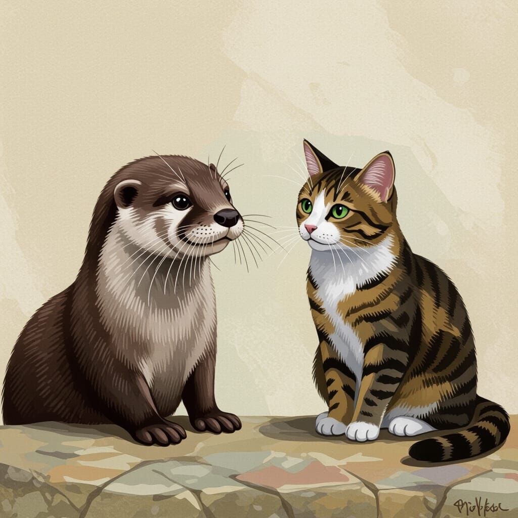 Otter and Cat as Unlikely Friends in Matte Painting