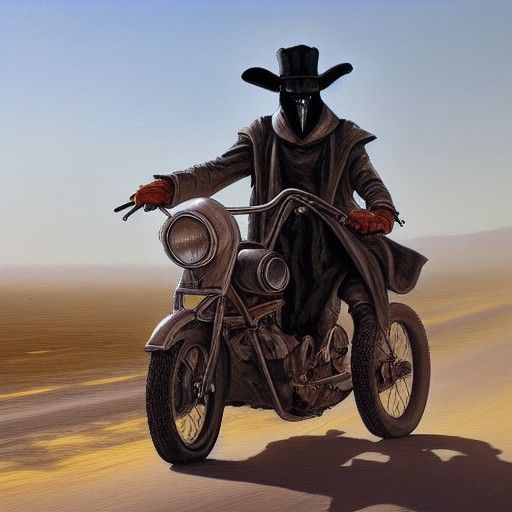 Plague Doctor Rides Wasteland Motorbike: Oil Painting