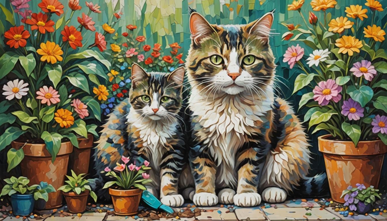 Cat Gardening in Neo-Impressionist Expressionist Style