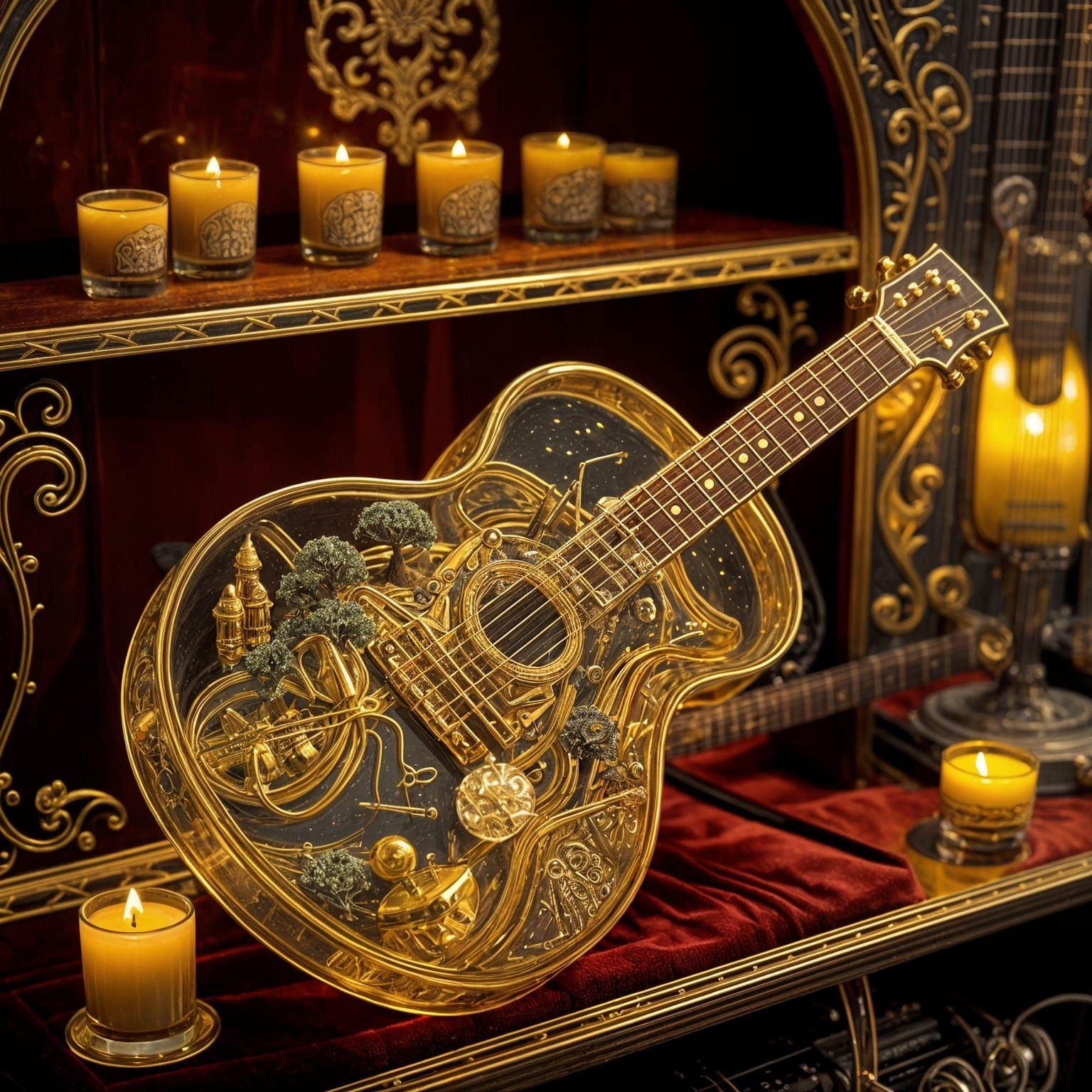 Golden Glass Guitar with Miniature World Inside