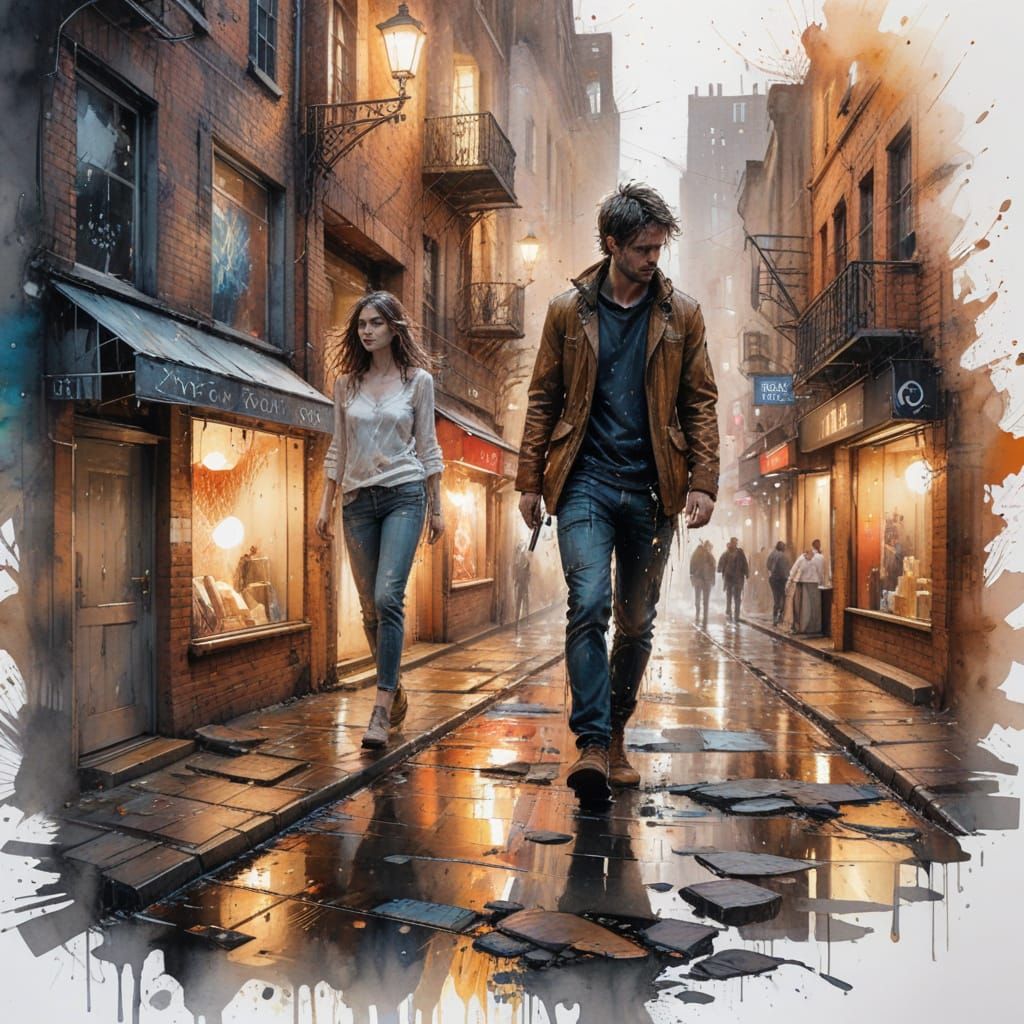 Hyper-Realistic Urban Alley at Twilight with Neon Reflection...