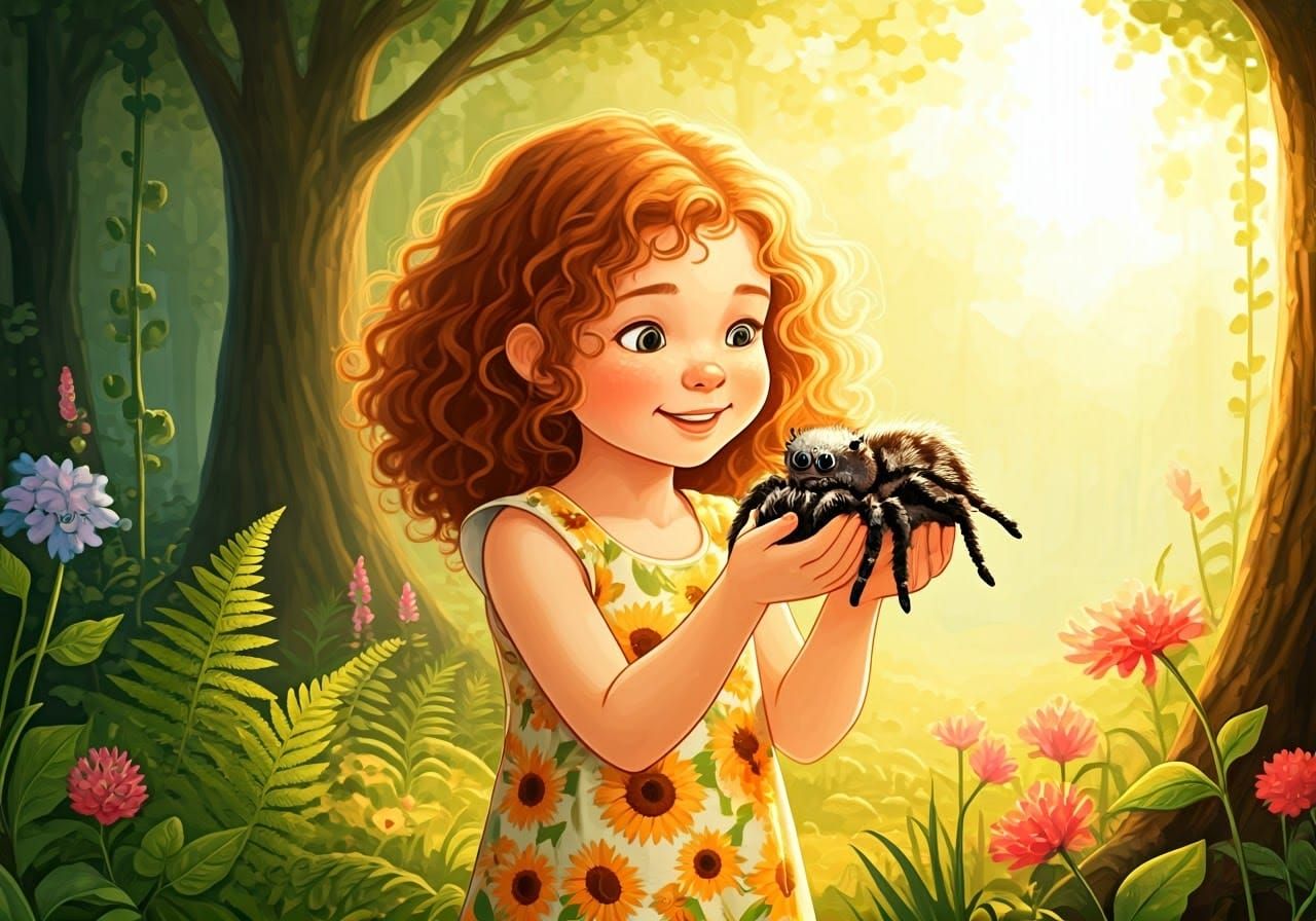 Whimsical Girl Cradles Jumping Spider in Sunny Forest Glade