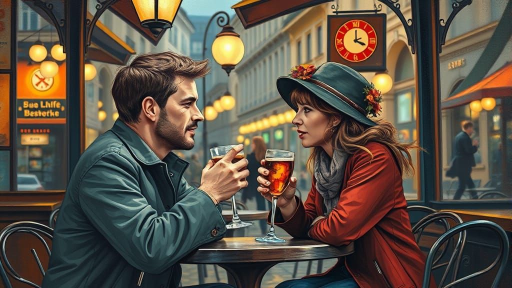 Berlin Cafe Couple Portrait in Leonid Afremov Style