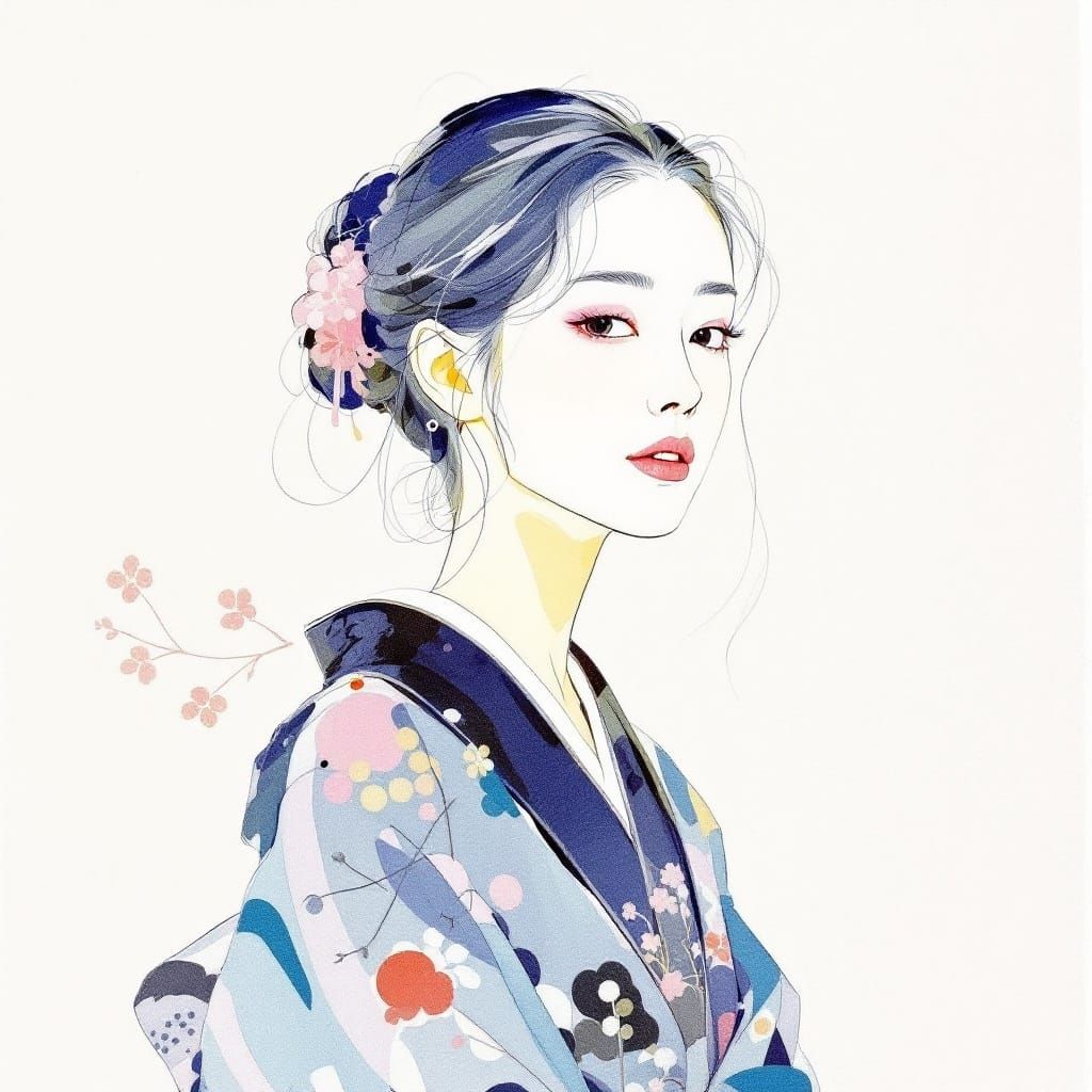 Japanese Woman in Kimono: Pastel Drawing Portrait