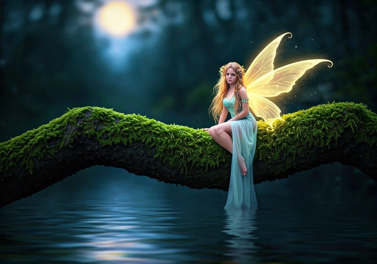 Photorealistic Fairy with Glowing Wings on Cherry Branch