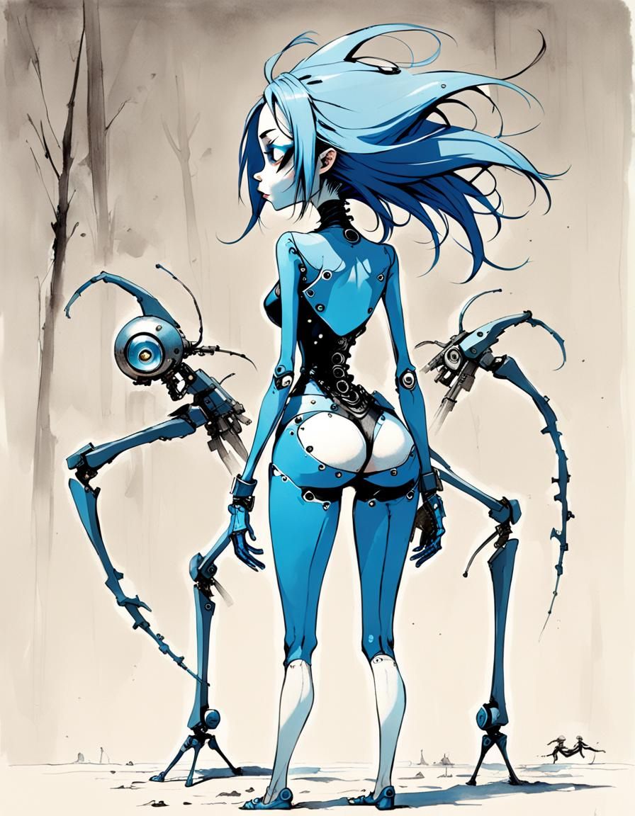 Cute Blue Cyborg Girl in Burton Style