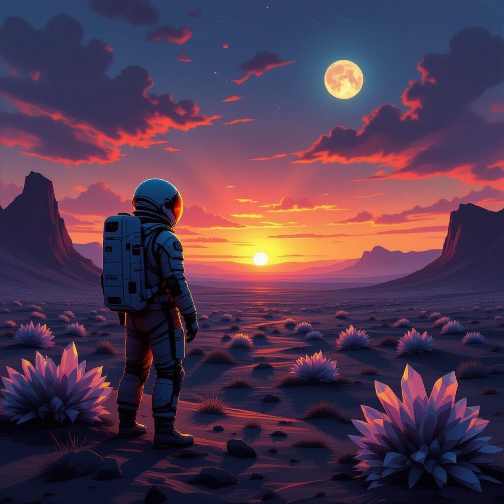 Astronaut Gazes at Binary Sunset on Alien World