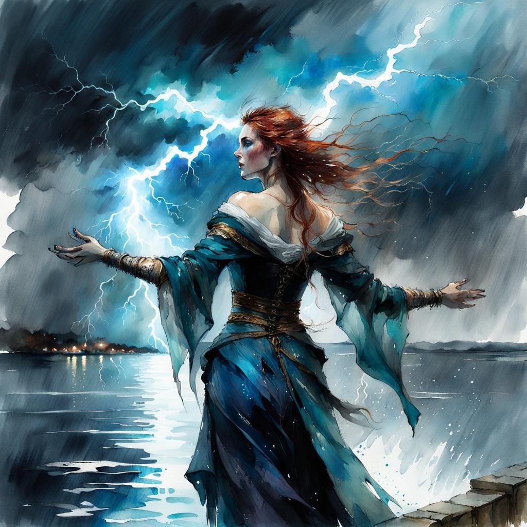 Sorceress Summons Lightning in Digital Watercolor Art