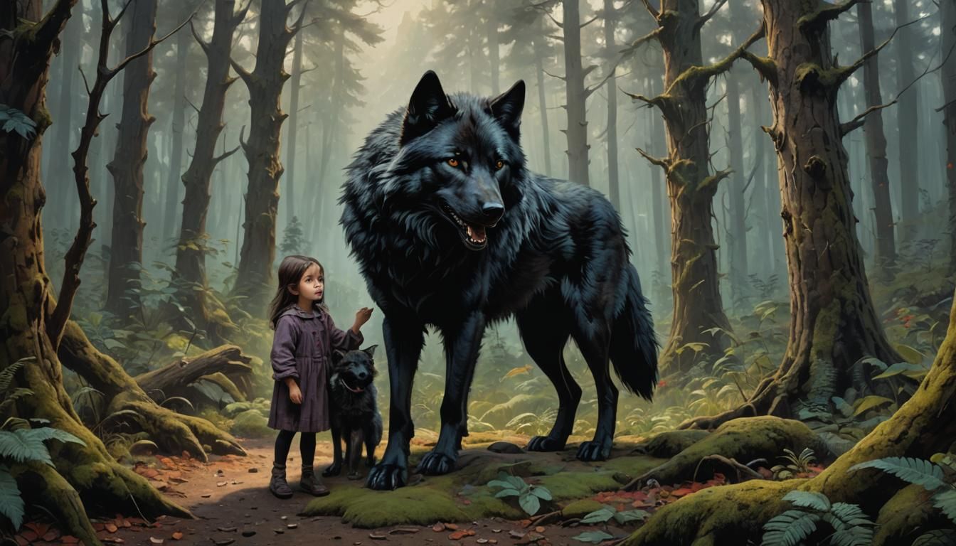 Vicious Wolf Guarding Girl: Detailed Matte Painting