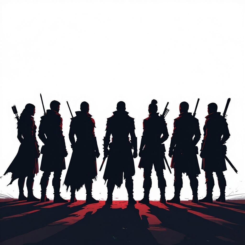 Seven Silhouettes Ready for Battle in Dramatic Lighting
