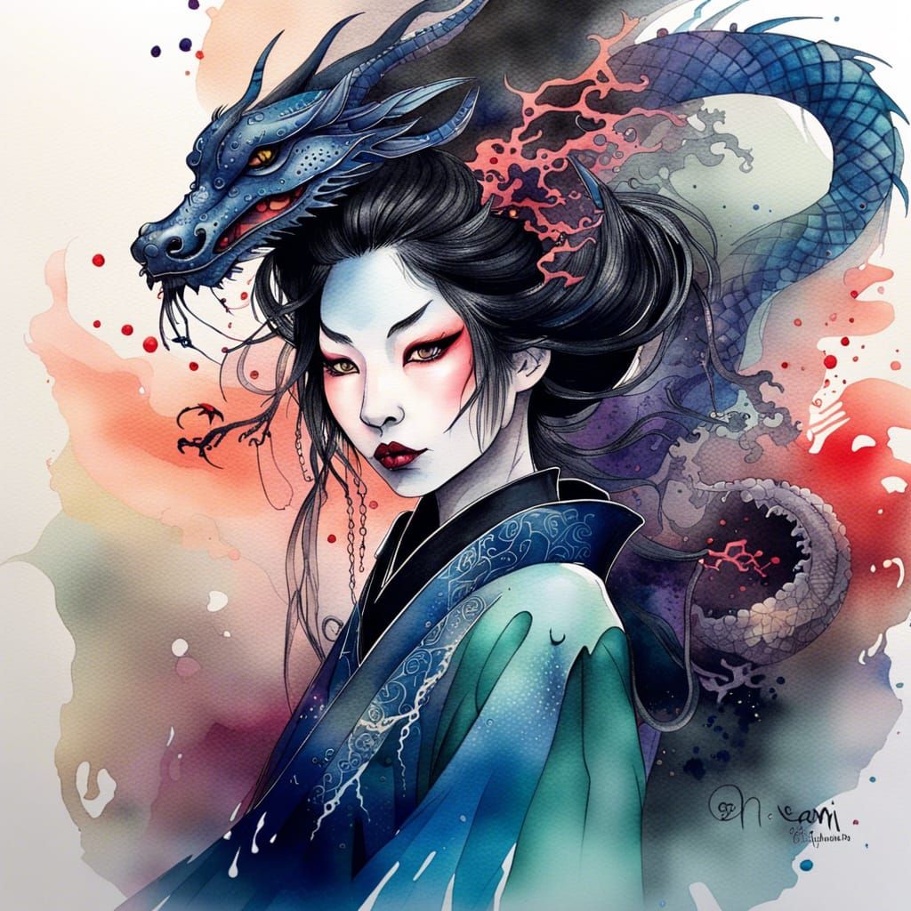 Gothic Geisha Witch with Dragon Ghost in Watercolor