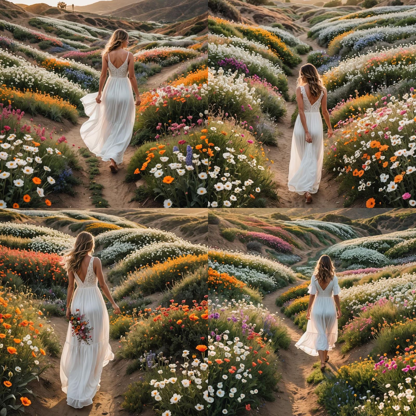 Woman Walking Through Vibrant Flower Fields at Sunset