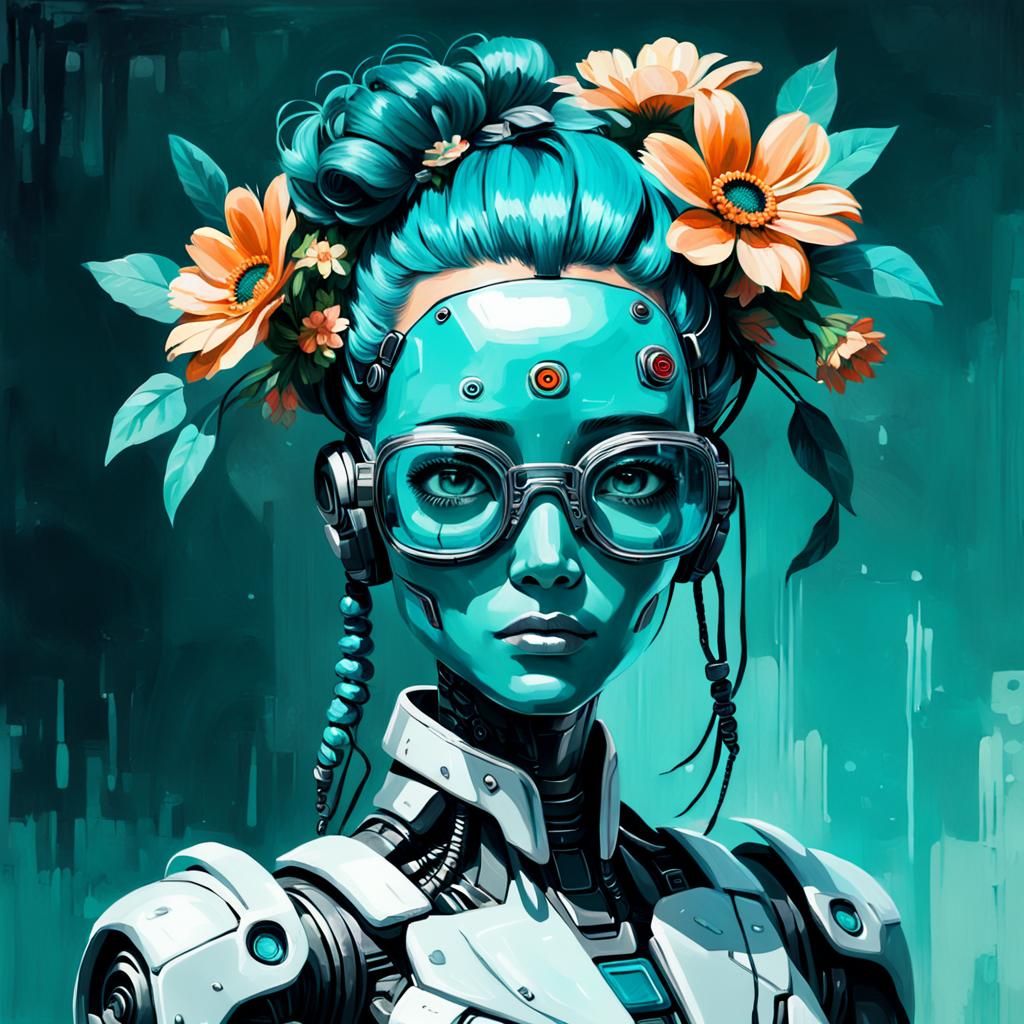 Cyberpunk Robot with Flowers: Oil Painting Style