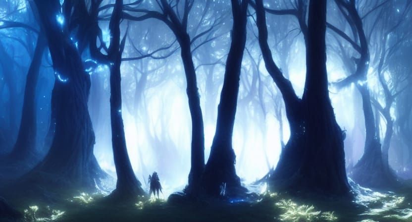 Magical Forest with Blue Wisps, Dark Fantasy Art