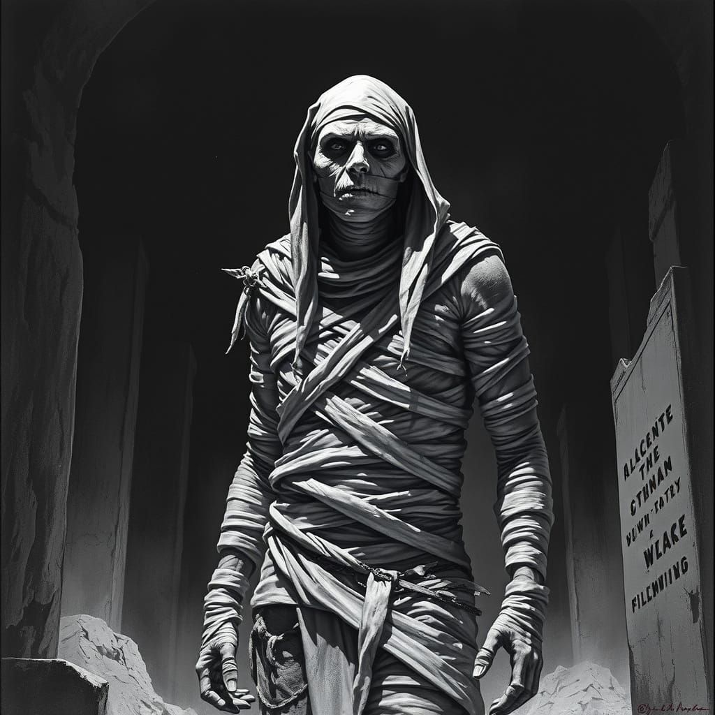 The Mummy in Black and White Film Noir Style