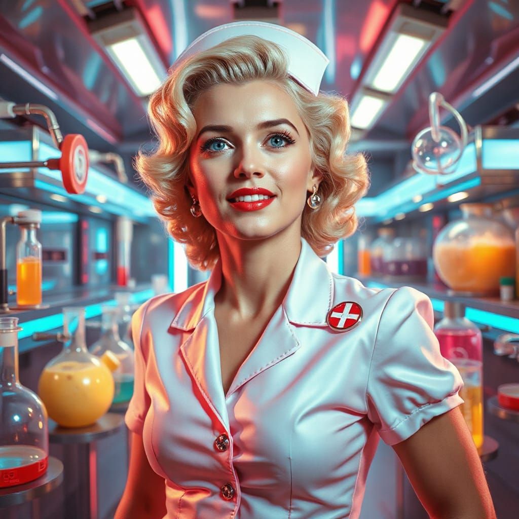 Marilyn Monroe as Retrofuturistic Nurse in Pastel Clinic