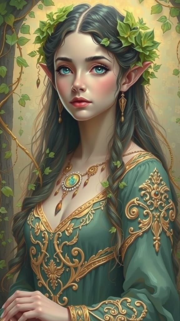 Impressionist Elven Maiden with Vines and Gold Filigree