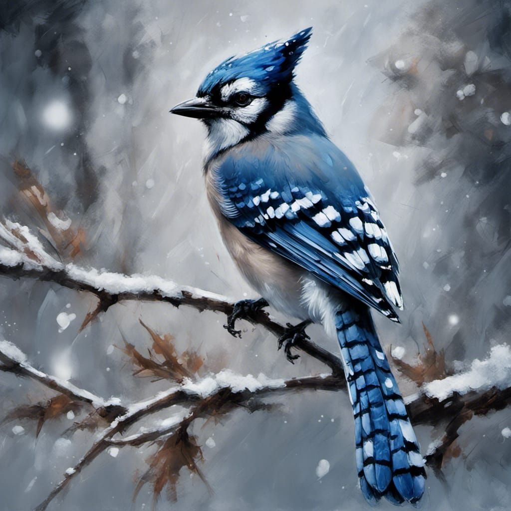 Bluejay on Snowy Branch as Digital Oil Painting