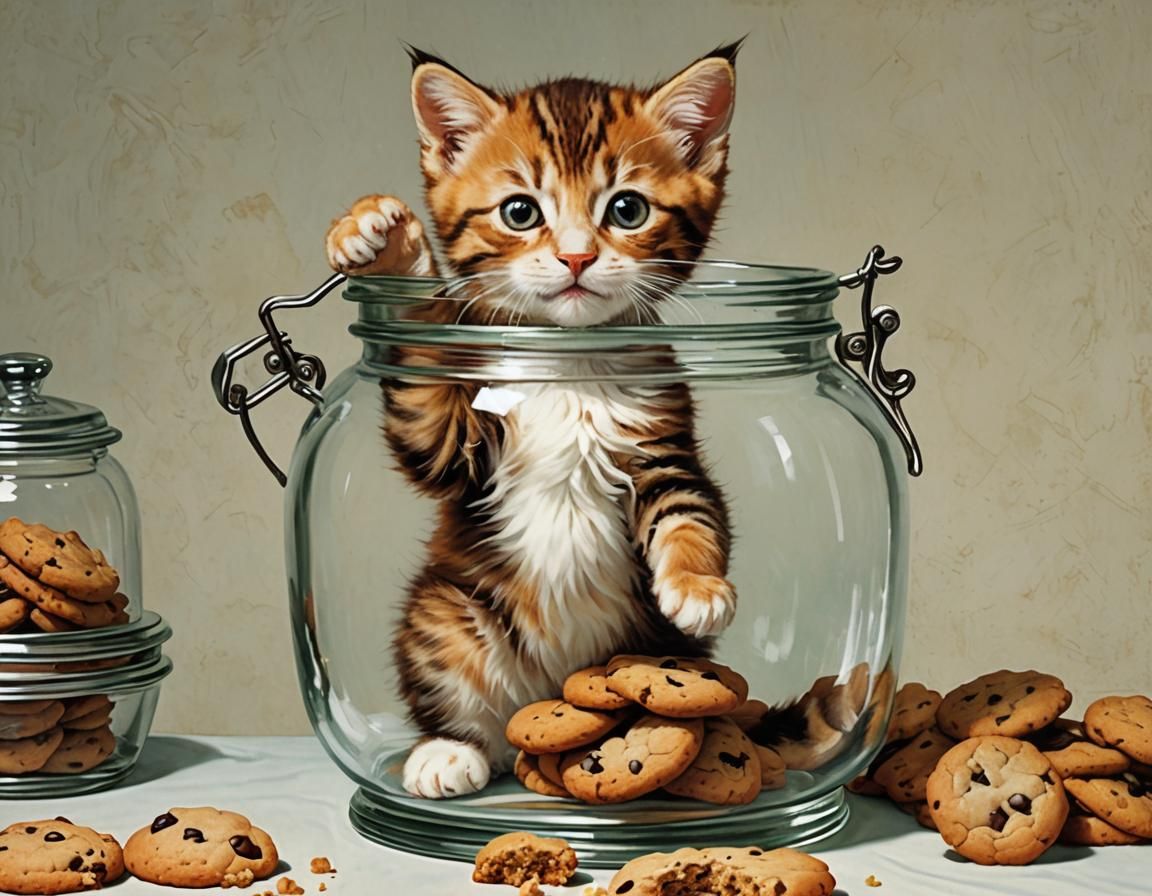 Surprised Kitten Stuck in Cookie Jar, Rockwell Style