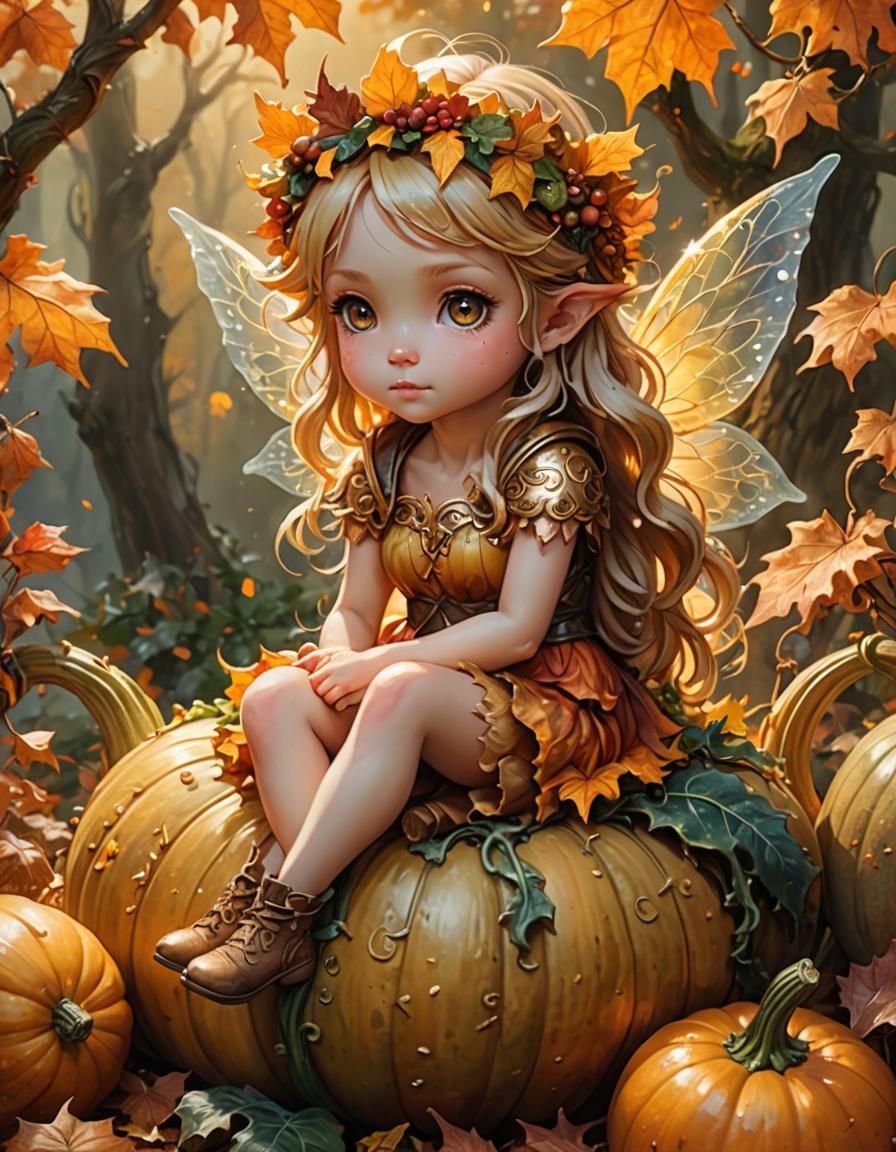 Chibi Autumn Fairy on Gourd Cornucopia