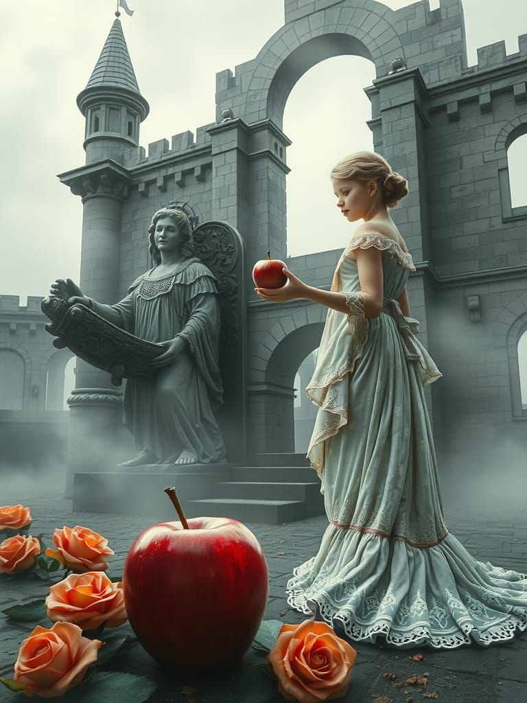 Statue Girl and Apple in Foggy Ruins