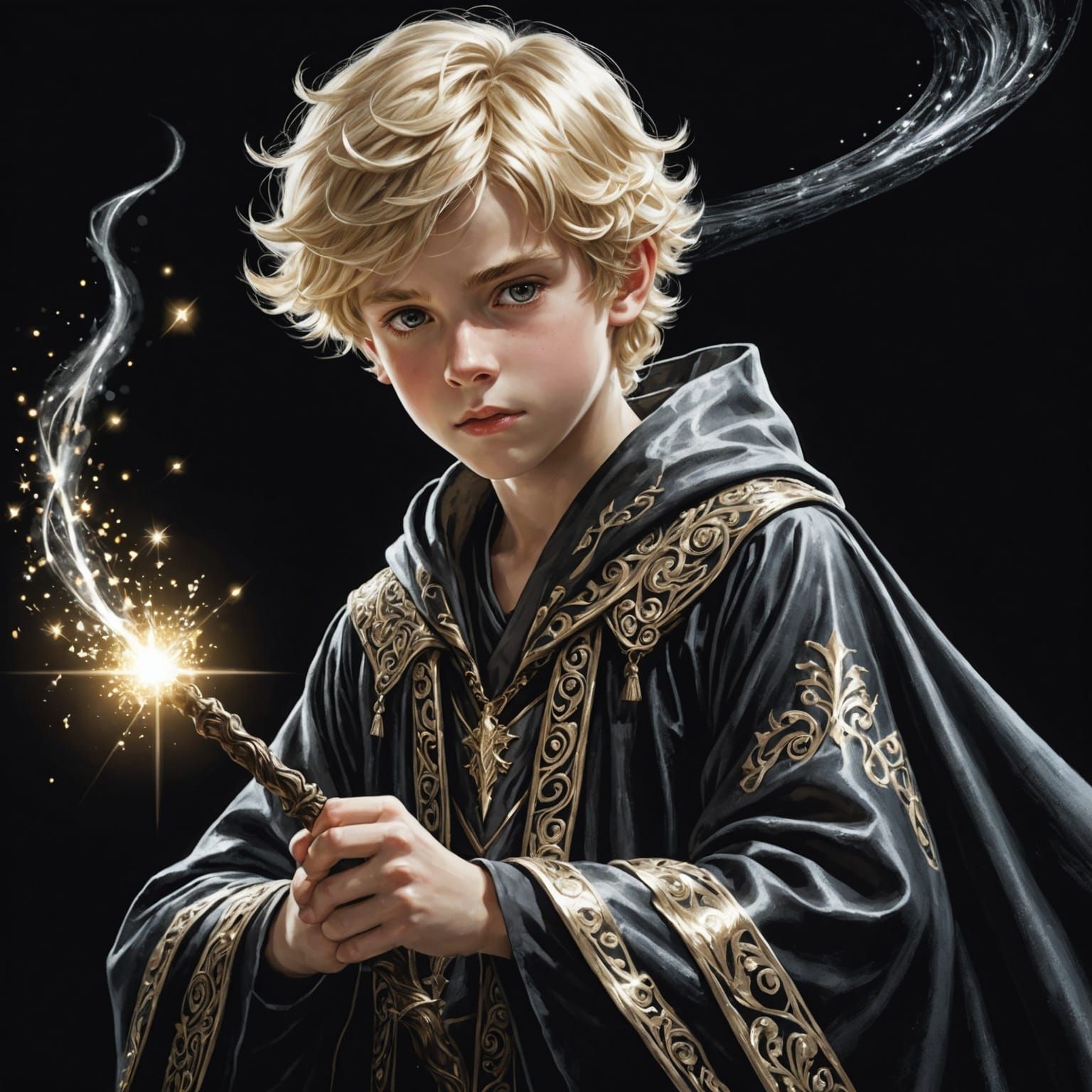 Blond Boy Wizard Casting Spell in Chiaroscuro Style