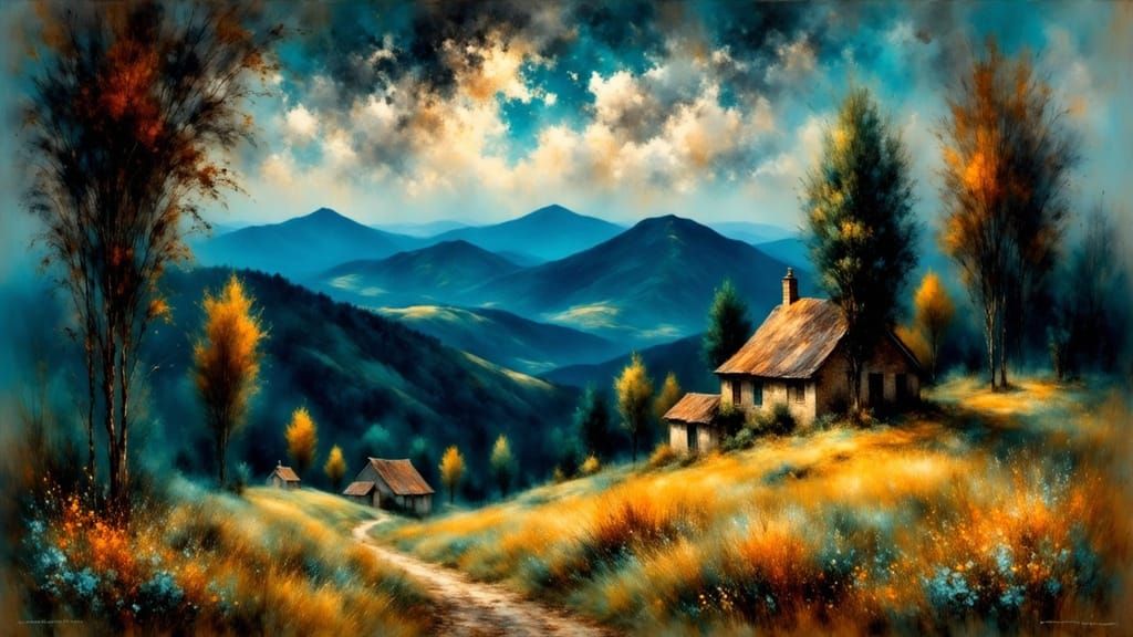 Surreal Mountain Village at Night as Oil Painting