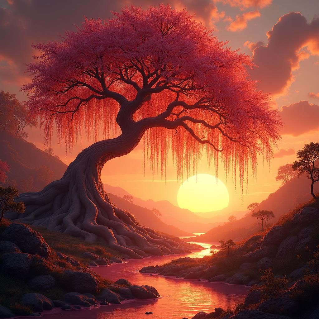 Majestic Crimson Fantasy Landscape with Willow Tree
