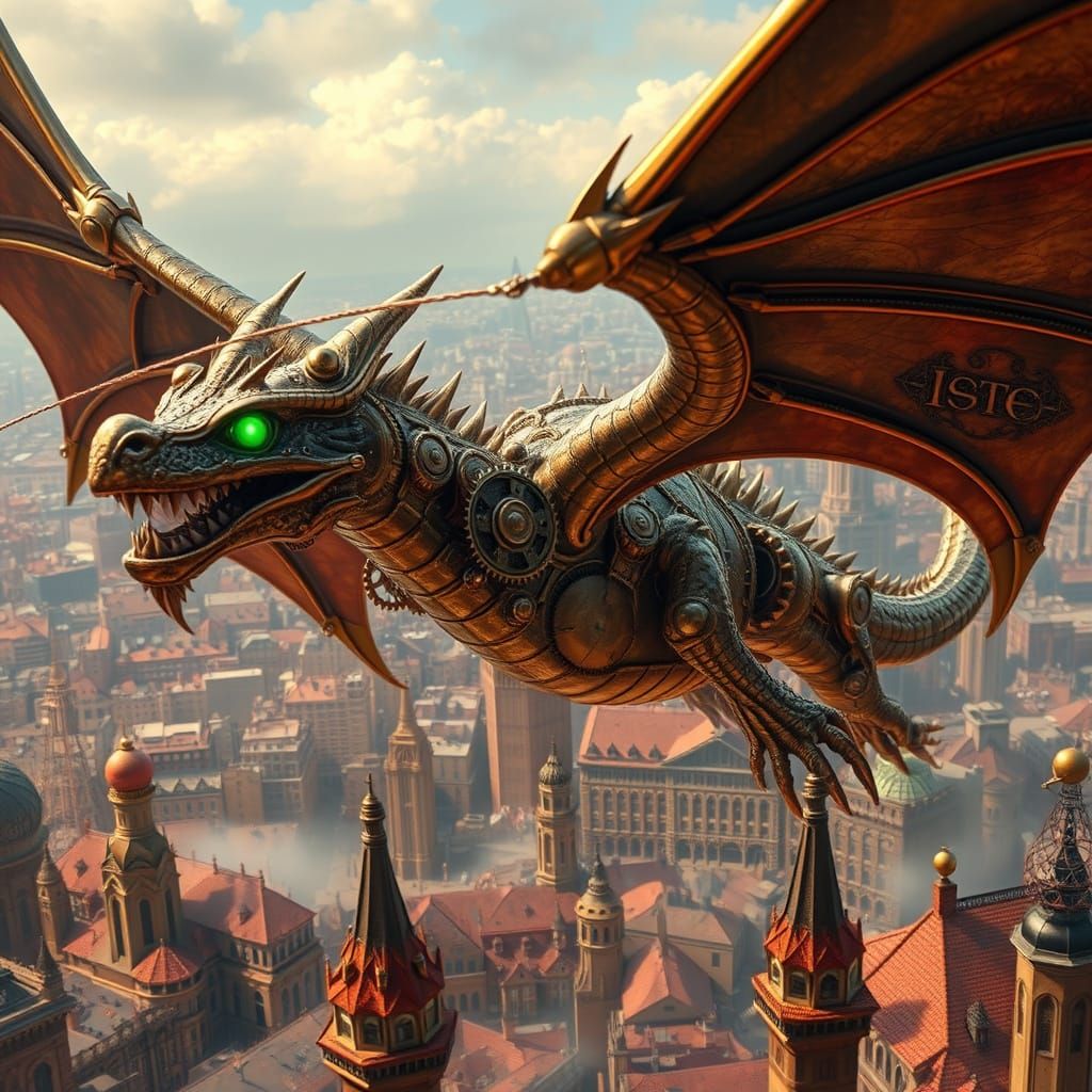 Steampunk Dragon Soaring Over Victorian City