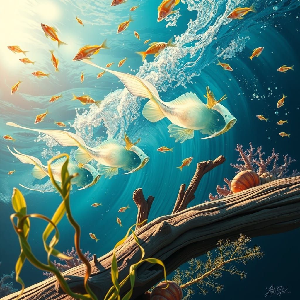 Ethereal Urban Fantasy Scene with Wave Elementals and Irides...