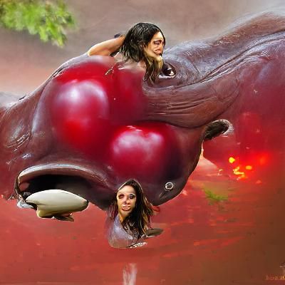 Woman Rides Cherry in Hippo Mouth: Surreal Scene