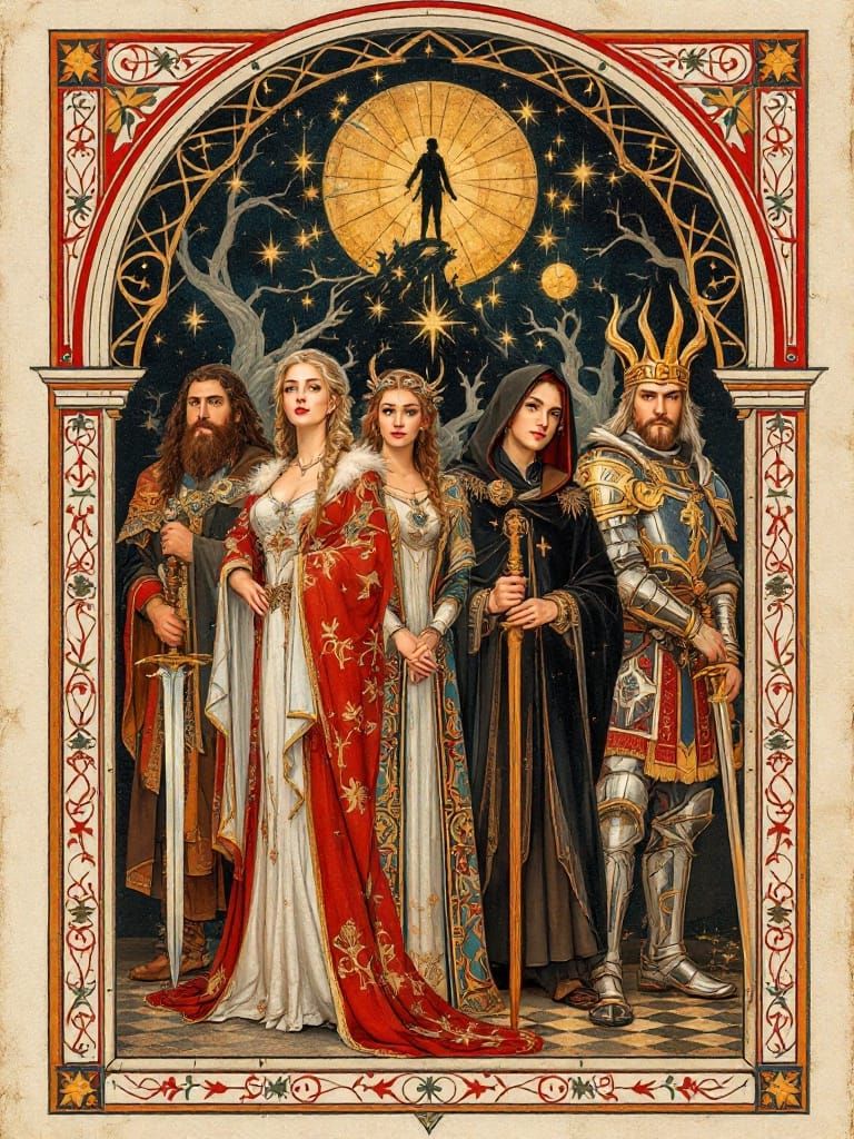 Regal Adventurers in Gothic Illuminated Manuscript Style