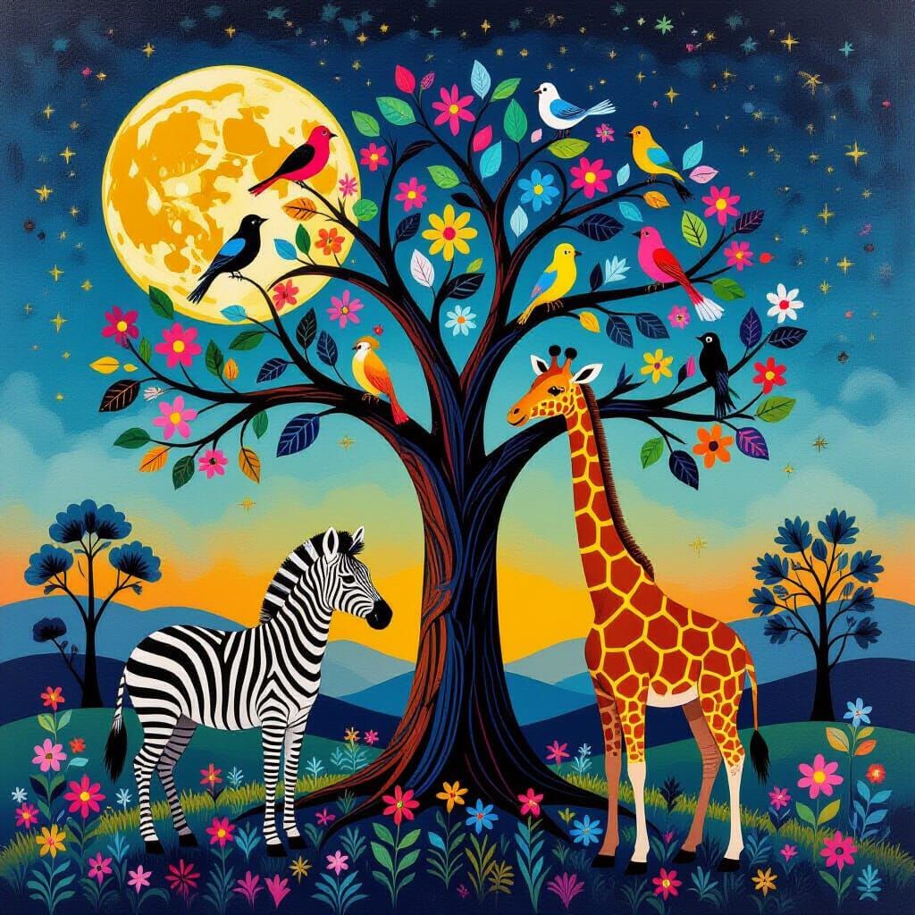 Surreal Tree of Life with Animals and Colorful Moon