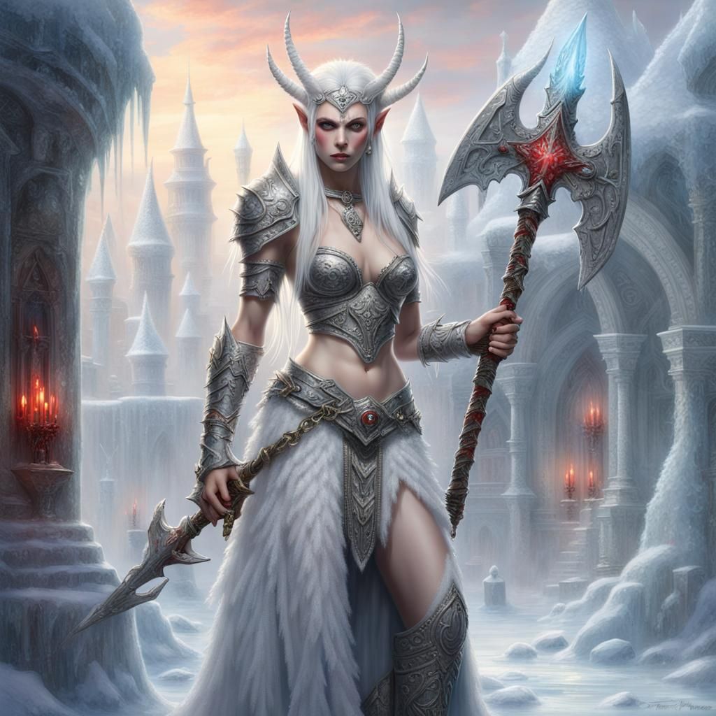 Albino Elf Queen in Ice Palace, Ethereal Fantasy