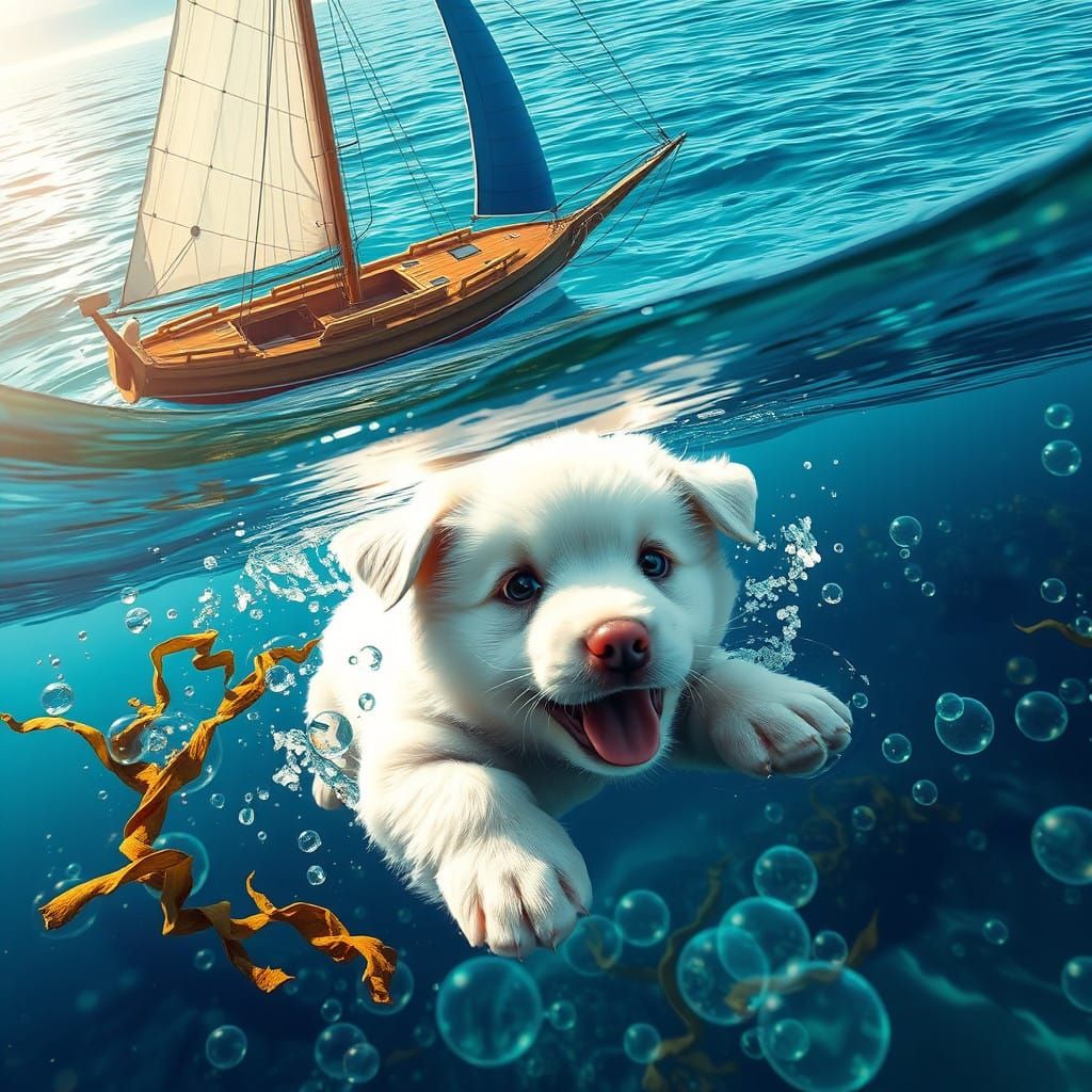 Whimsical Puppy Under Sailboat in Tropical Lagoon