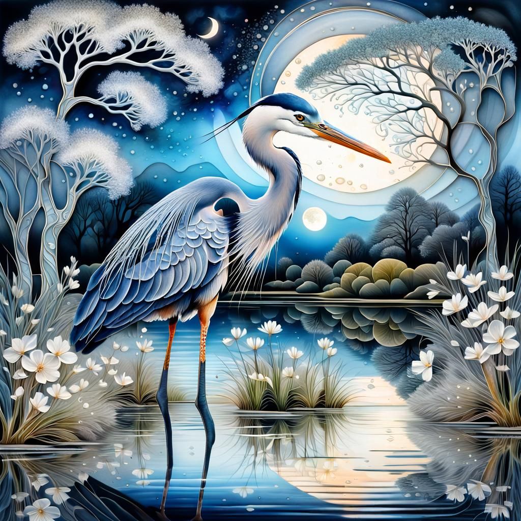 Blue-Grey Heron in Abstract Fractal Landscape