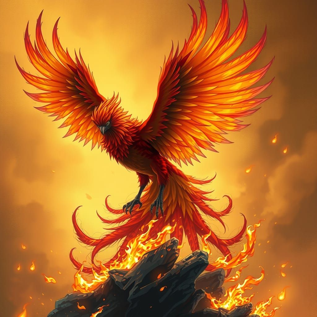Iridescent Phoenix Rising from Embers