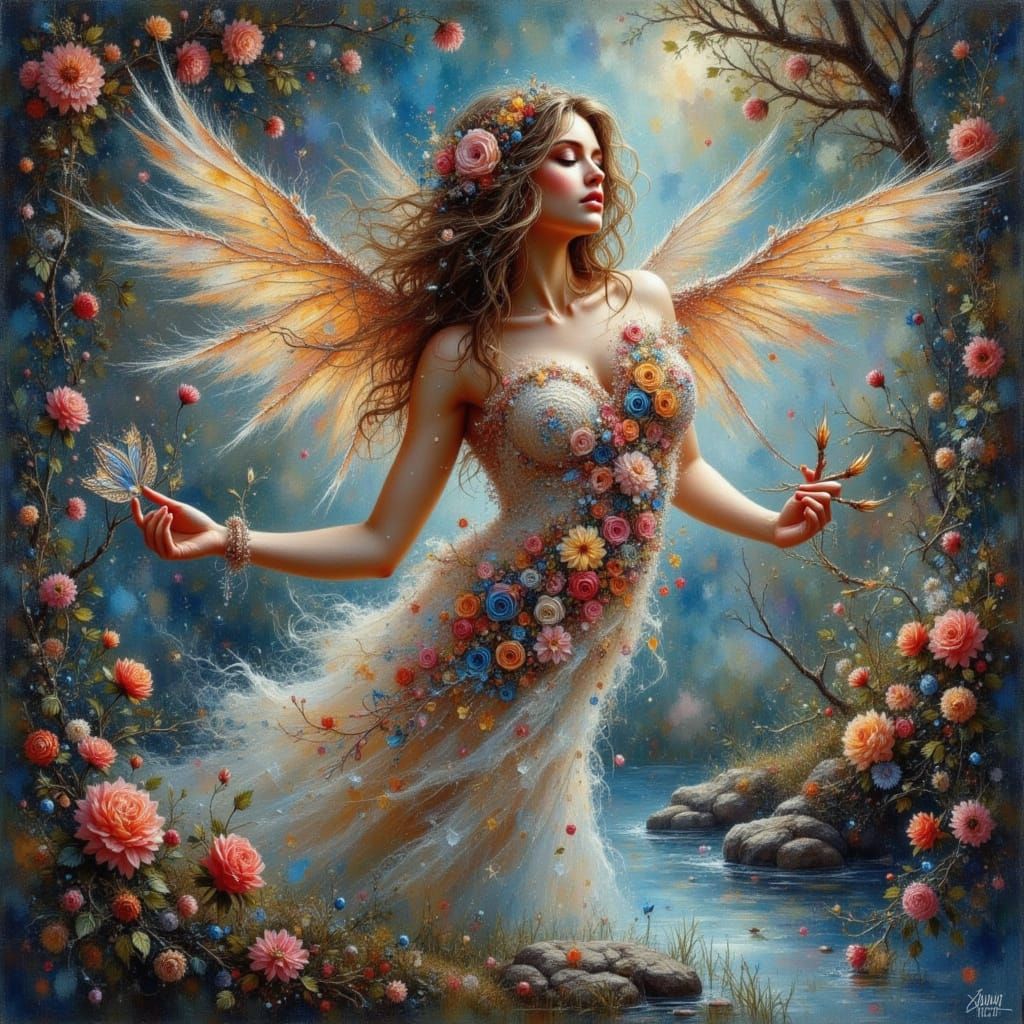 Woman Embraces Invisible Fawn in Magical Atmosphere