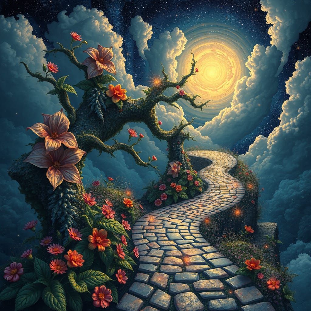 Surreal Floral Path to Mystical Clouds