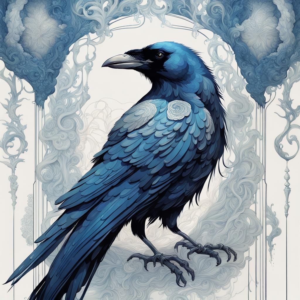 Detailed Portrait of a Blue Raven in Silver