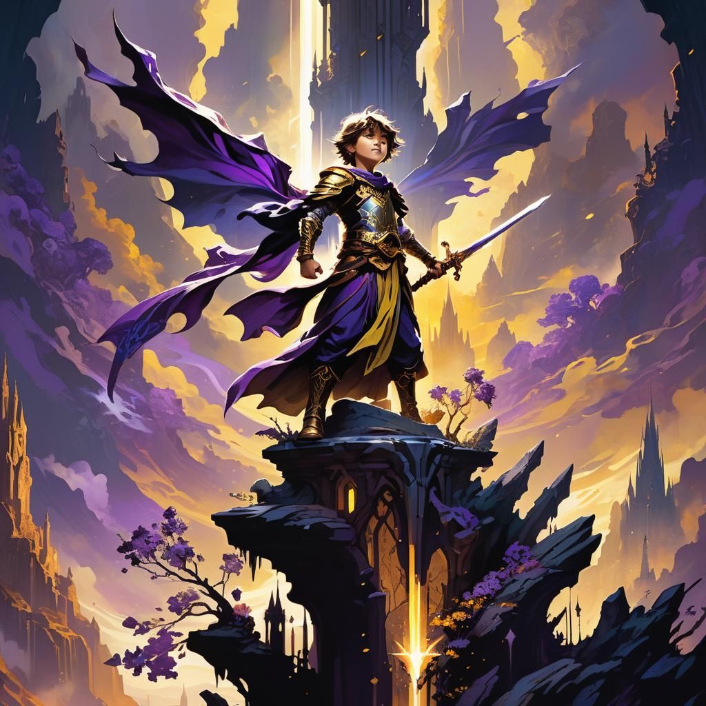 Child Warrior on Mystical Spire, Art Nouveau Style