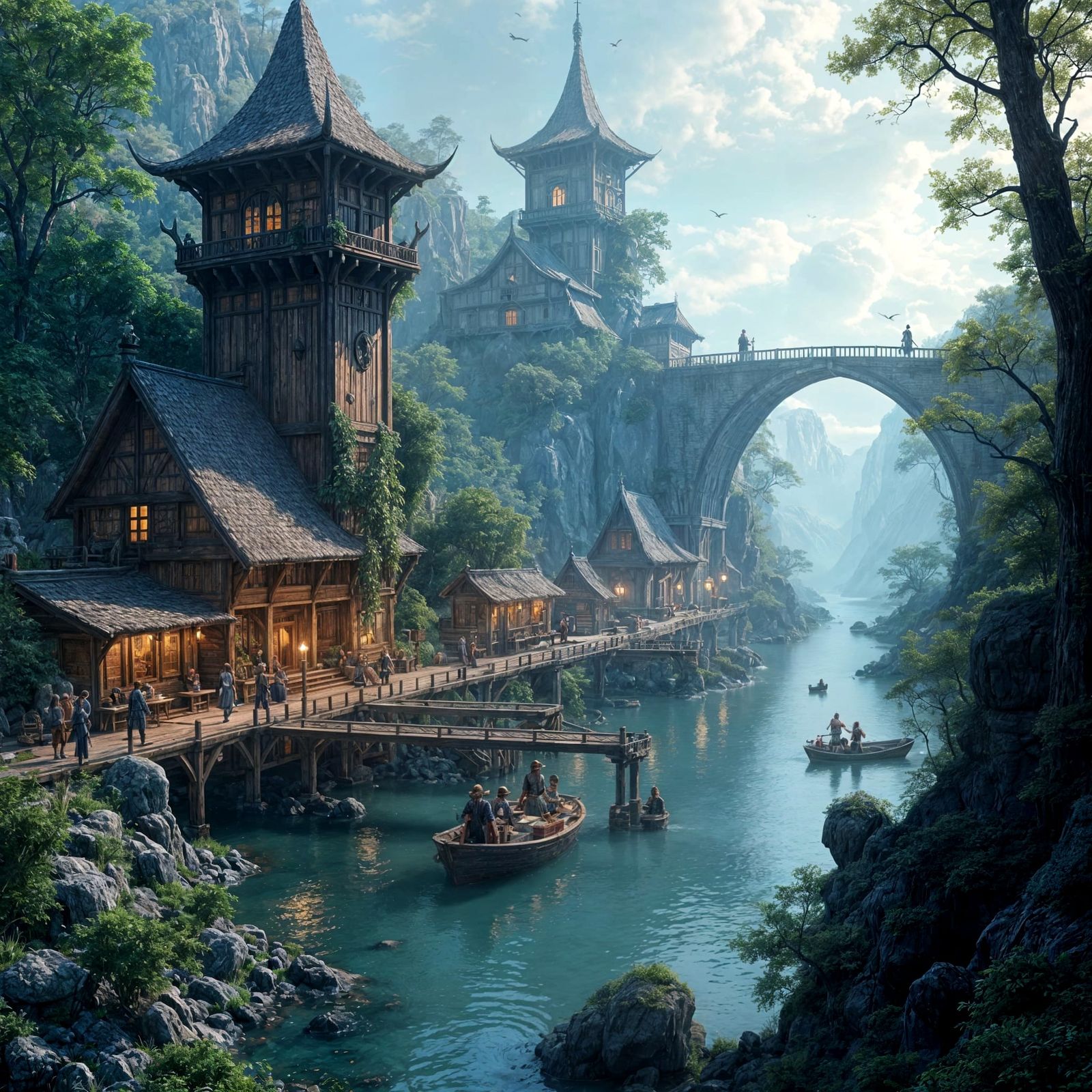 Elven Outpost Mistvale on the Sylvarine River in Intricate F...