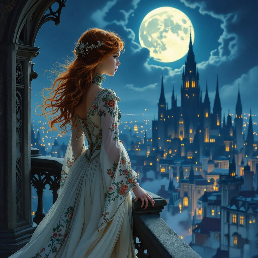 Art Nouveau Girl Overlooking Gothic Cityscape