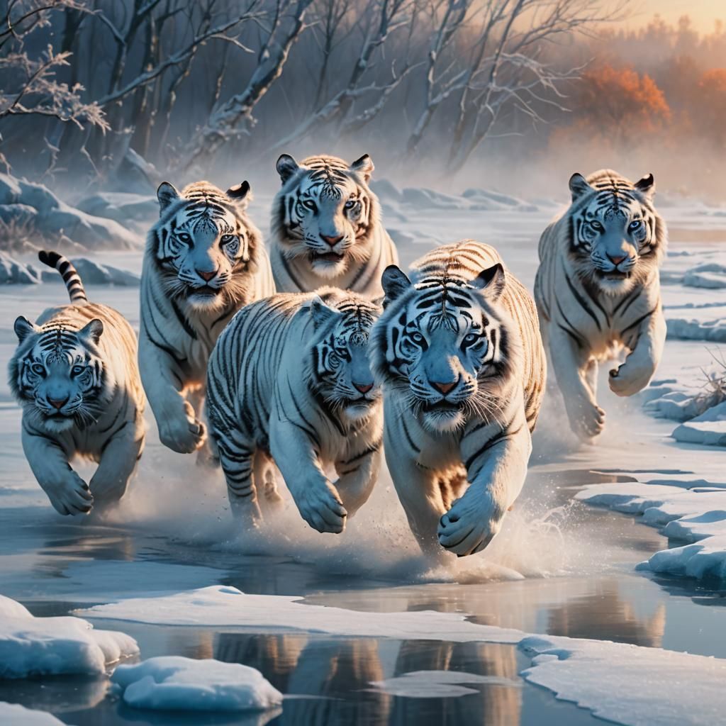 White Tiger Family at Frozen Lake, Fantasy Art
