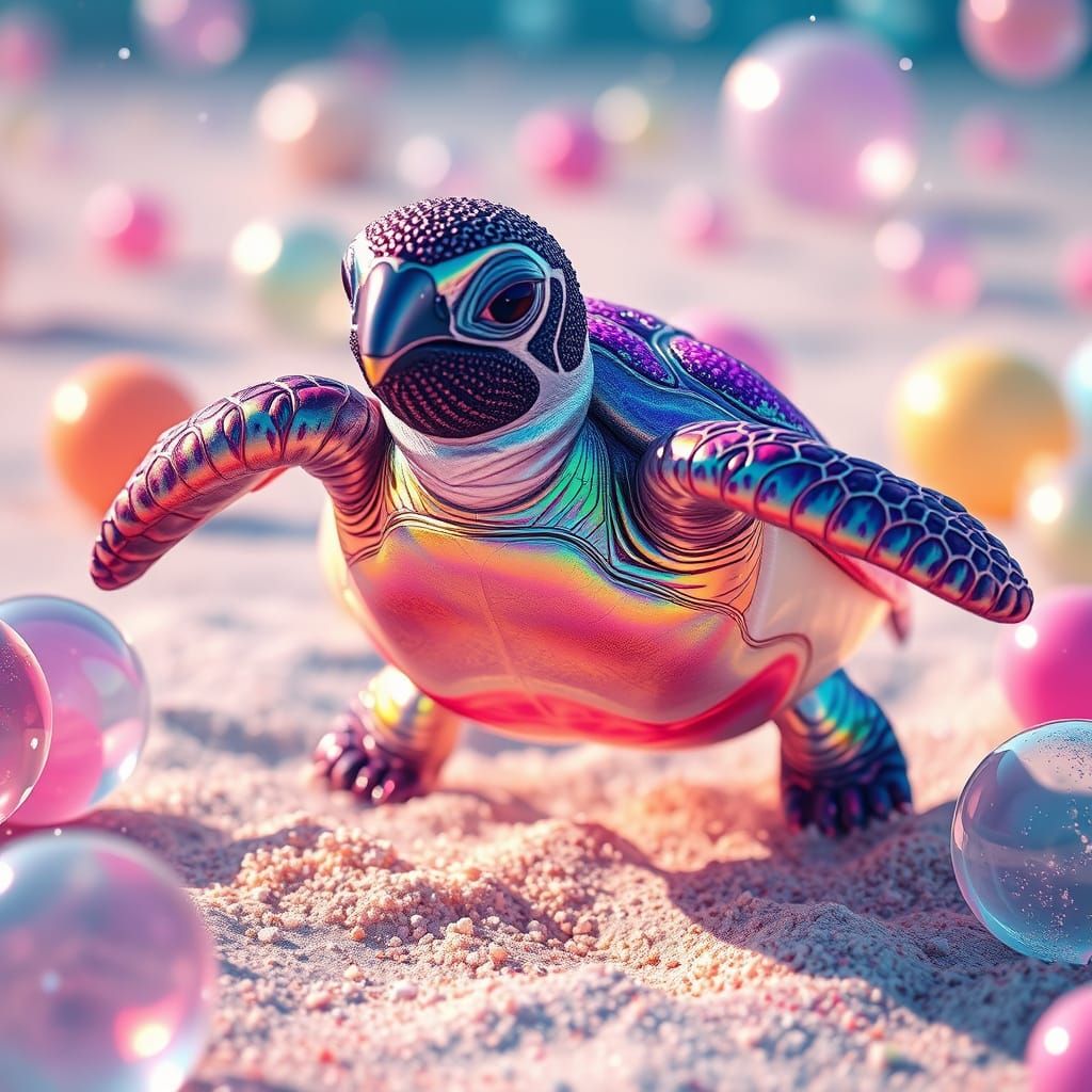 Whimsical Rainbow Penguin Sea Turtle Hybrid in Beach Scene